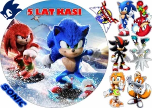 Opłatek na tort SONIC okrąg na górę + 6 postaci + 3 loga + napis (3)