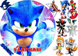 Opłatek na tort SONIC okrąg na górę + 6 postaci + 3 loga + napis (7) 