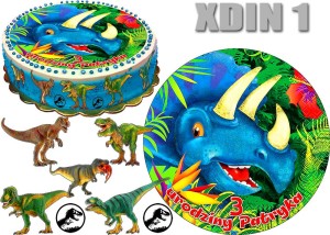 Opłatek  DINOZAUR okrąg na górę i postacie na bok tortu XDIN 1