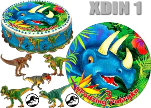 Opłatek  DINOZAUR okrąg na górę i postacie na bok tortu XDIN 1