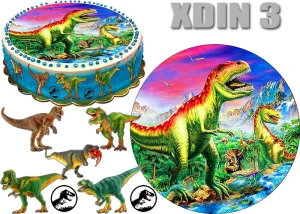 Opłatek  DINOZAUR okrąg na górę i postacie na bok tortu XDIN 3