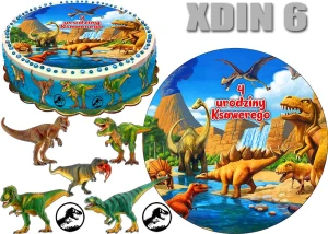 Opłatek  DINOZAUR okrąg na górę i postacie na bok tortu XDIN 6