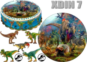 Opłatek  DINOZAUR okrąg na górę i postacie na bok tortu XDIN 7