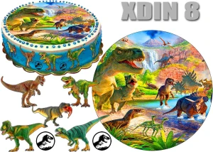 Opłatek  DINOZAUR okrąg na górę i postacie na bok tortu XDIN 8