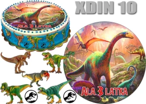 Opłatek  DINOZAUR okrąg na górę i postacie na bok tortu XDIN 10