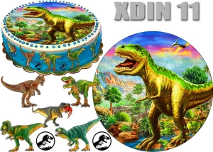 Opłatek  DINOZAUR okrąg na górę i postacie na bok tortu XDIN 11