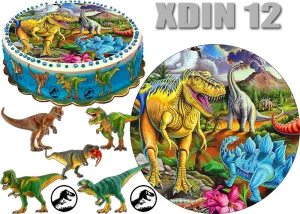 Opłatek  DINOZAUR okrąg na górę i postacie na bok tortu XDIN 12