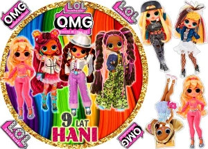 opłatek na tort laleczki LOL OMG + 4 postacie + 4 loga + Twój napis