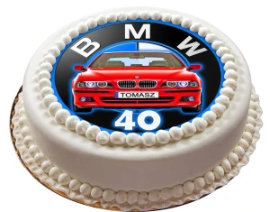 Opłatek na tort LOGO BMW z frontem auta - czerwone