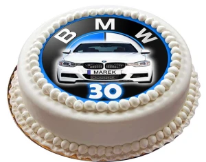 Opłatek na tort LOGO BMW z frontem auta - białe