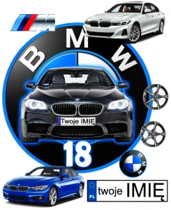 opłatek na tort logo BMW z frontem auta + Twoje imię + 7 elementów na bok