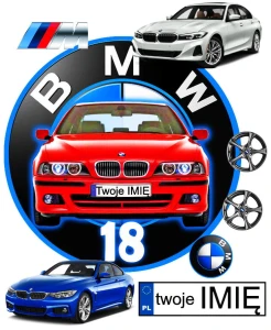 opłatek na tort logo BMW z frontem auta + Twoje imię + 7 elementów na bok