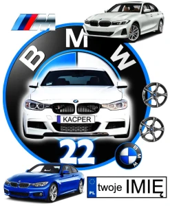 opłatek na tort logo BMW z frontem auta + Twoje imię + 7 elementów na bok