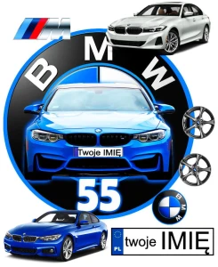 opłatek na tort logo BMW z frontem auta + Twoje imię + 7 elementów na bok