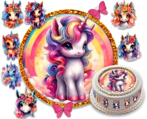 Opłatek na tort JEDNOROŻEC, UNICORN + 7 postaci + Twój napis