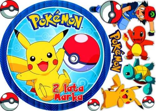 opłatek na tort pokemon pikachu okrąg na górę tortu i postacie na bok tortu, wzór XPOK5