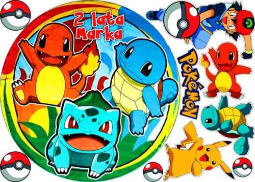 opłatek na tort pokemon pikachu okrąg na górę tortu i postacie na bok tortu, wzór XPOK3