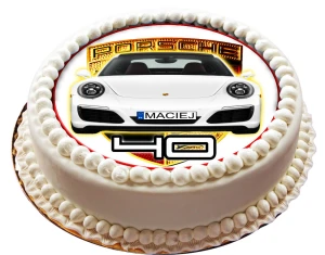Opłatek na tort PORSCHE: front auta + imię i wiek