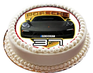 Opłatek na tort PORSCHE: front auta + imię i wiek