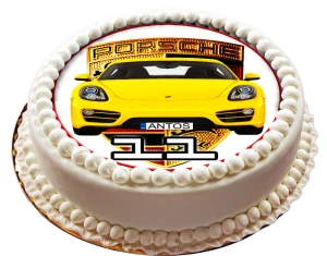 Opłatek na tort PORSCHE: front auta + imię i wiek