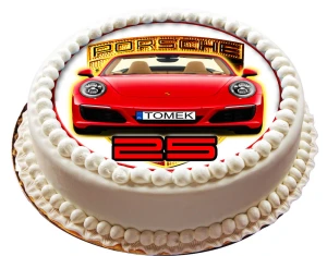 Opłatek na tort PORSCHE: front auta + imię i wiek