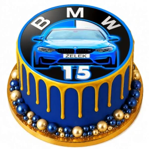 Opłatek na tort LOGO BMW z frontem auta - niebieski